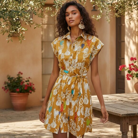 MAEVE ANTHROPOLOGIE Toni Tunic Shirt Dress M Button Down Tropical Tiki Neon - Picture 1 of 16